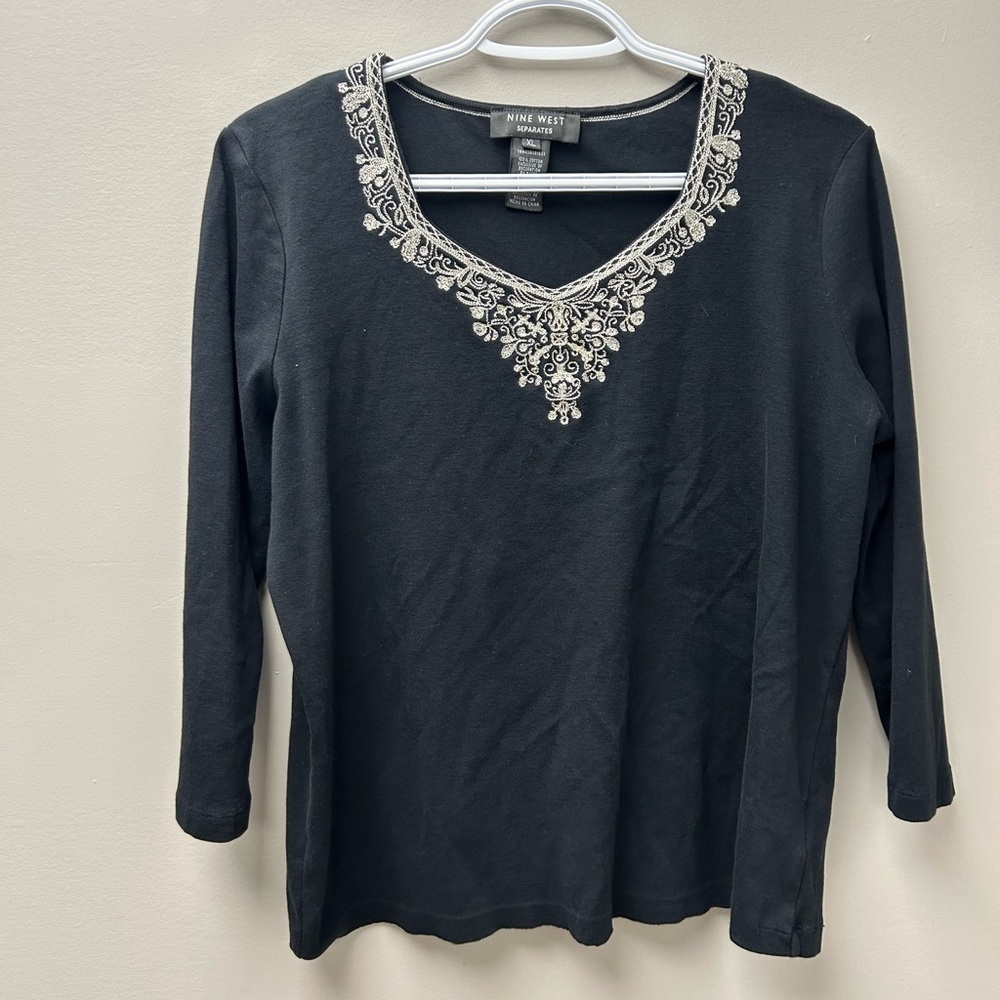 Nine West Black‎ Long Sleeve Top With White Embroidery